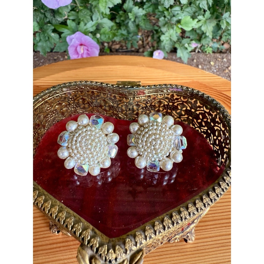 Vintage Faux Seed Pearls & Glass Beaded Japan Clip Earrings - Picture 1 of 3